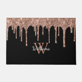 Roze Gouden Glitter Druppels Glans Monogram Naam Deurmat