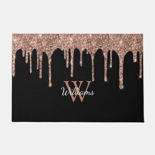 Roze Gouden Glitter Druppels Glans Monogram Naam Deurmat (Voorkant)