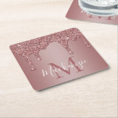 Roze Gouden Glitter Druppels Monogram Kartonnen Onderzetters (Schuin)