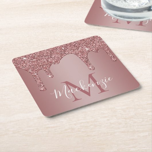 Roze Gouden Glitter Druppels Monogram Kartonnen Onderzetters (Schuin)