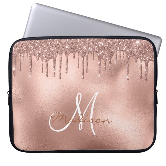 Roze Gouden Glitter Druppels Monogram Laptop Sleeve (Voorkant)