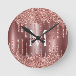 Roze Gouden Glitter Druppels Monogram Persoonlijke Ronde Klok