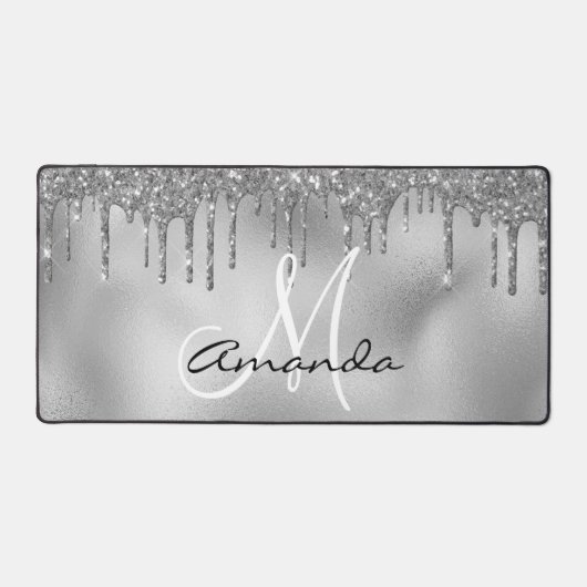 Roze Gouden Glitter Druppels Monogram Roze Bureaumat (Voorkant)