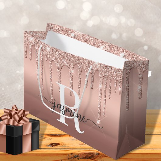 Roze Gouden Glitter Druppels Monogram Schrift Meta Groot Cadeauzakje