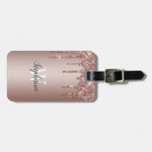 Roze Gouden Glitter Druppels Monogram Verticaal Bagagelabel (Voorkant horizontaal)