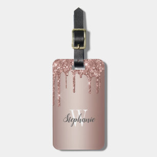 Roze Gouden Glitter Druppels Monogram Verticaal Bagagelabel