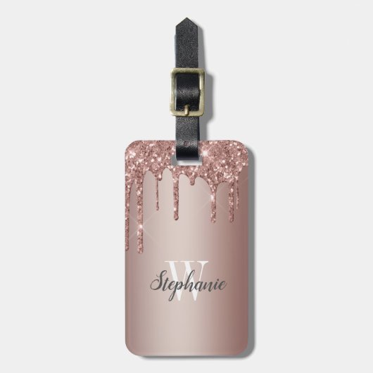 Roze Gouden Glitter Druppels Monogram Verticaal Bagagelabel (Voorkant verticaal)