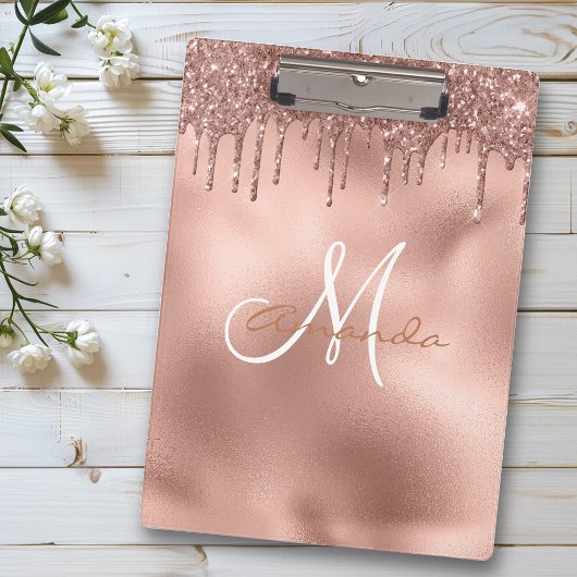 Roze Gouden Glitter Druppels Persoonlijk Monogram  Klembord