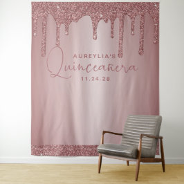 Roze Gouden Glitter Druppels Quinceanera Achtergro Wandkleed