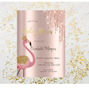 Roze Gouden Glitter Druppels Roze Flamingo Baby Sh Kaart