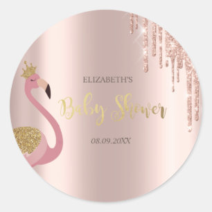 Roze Gouden Glitter Druppels Roze Flamingo Baby Sh Ronde Sticker