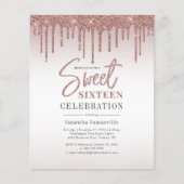 Roze Gouden Glitter Druppels Script Sweet 16 Uitno (Voorkant)