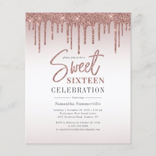 Roze Gouden Glitter Druppels Script Sweet 16 Uitno (Voorkant)