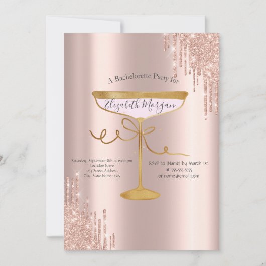 Roze Gouden Glitter Druppels Wijn Glas vrijgezelle Kaart (Voorkant)