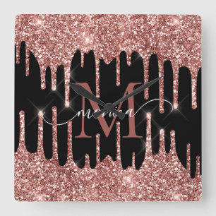 Roze Gouden Glitter Druppels Zwarte Monogram Perso Vierkante Klok