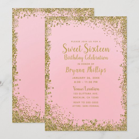 Roze & Gouden Glitter Edge Sweet 16 Party Kaart (Voorkant / Achterkant)