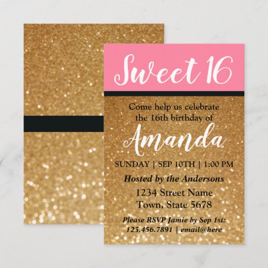 Roze + Gouden Glitter Een zoete 16 verjaardagsuitn Kaart (Voorkant / Achterkant)