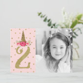 Roze Gouden Glitter Eenhoorn 2 2e Verjaardag Party Kaart (Staand voorkant)