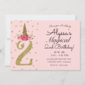 Roze Gouden Glitter Eenhoorn 2 2e Verjaardag Party Kaart (Achterkant)