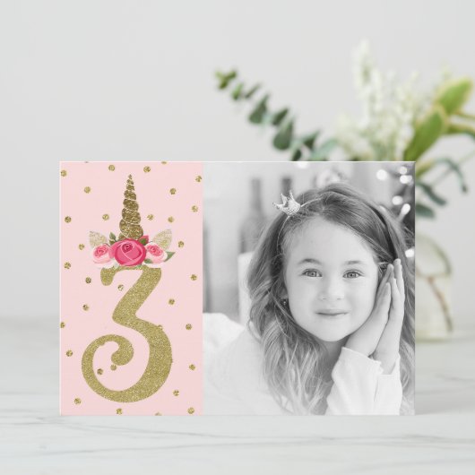 Roze Gouden Glitter Eenhoorn 3 3e Verjaardag Party Kaart (Staand voorkant)