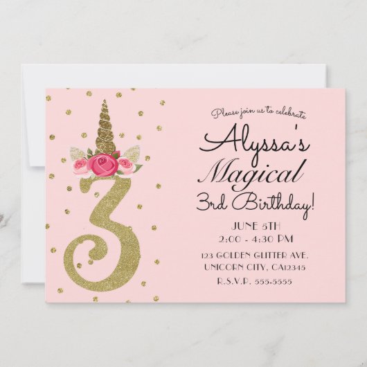 Roze Gouden Glitter Eenhoorn 3 3e Verjaardag Party Kaart (Achterkant)