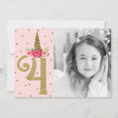Roze Gouden Glitter Eenhoorn 4 4e Verjaardagsfeest Kaart (Voorkant)