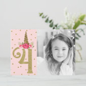 Roze Gouden Glitter Eenhoorn 4 4e Verjaardagsfeest Kaart (Staand voorkant)