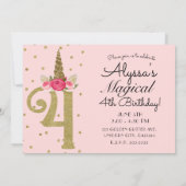 Roze Gouden Glitter Eenhoorn 4 4e Verjaardagsfeest Kaart (Achterkant)