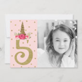 Roze Gouden Glitter Eenhoorn 5 5e Verjaardagsfeest Kaart (Voorkant)