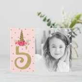 Roze Gouden Glitter Eenhoorn 5 5e Verjaardagsfeest Kaart (Staand voorkant)