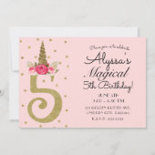 Roze Gouden Glitter Eenhoorn 5 5e Verjaardagsfeest Kaart (Achterkant)