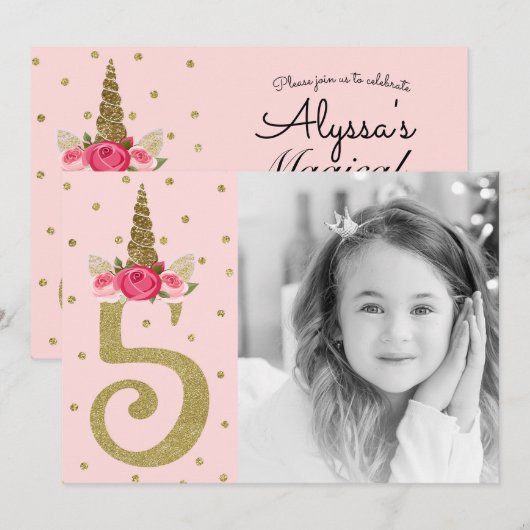 Roze Gouden Glitter Eenhoorn 5 5e Verjaardagsfeest Kaart (Voorkant / Achterkant)