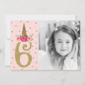 Roze Gouden Glitter Eenhoorn 6 6e Zes Verjaardagsf Kaart (Voorkant)