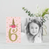 Roze Gouden Glitter Eenhoorn 6 6e Zes Verjaardagsf Kaart (Staand voorkant)