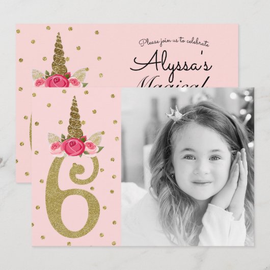 Roze Gouden Glitter Eenhoorn 6 6e Zes Verjaardagsf Kaart (Voorkant / Achterkant)