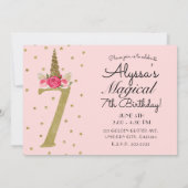 Roze Gouden Glitter Eenhoorn 7 7e Verjaardagsfeest Kaart (Achterkant)
