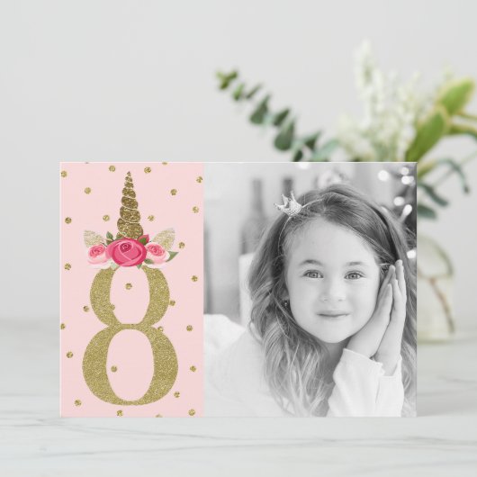 Roze Gouden Glitter Eenhoorn 8 8e Verjaardagsfeest Kaart (Staand voorkant)