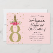 Roze Gouden Glitter Eenhoorn 8 8e Verjaardagsfeest Kaart (Achterkant)