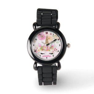 Roze Gouden Glitter Eenhoorn Gezicht Bloemen Meisj Horloge