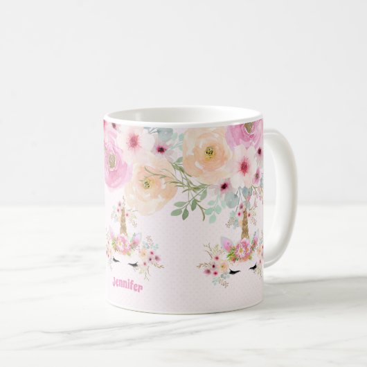 Roze Gouden Glitter Eenhoorn Gezicht Bloemen Meisj Koffiemok (Voorkant rechts)