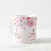Roze Gouden Glitter Eenhoorn Gezicht Bloemen Meisj Koffiemok (Voorkant links)