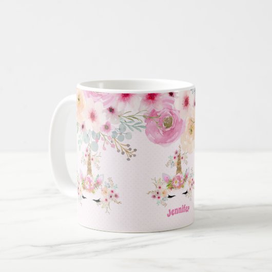 Roze Gouden Glitter Eenhoorn Gezicht Bloemen Meisj Koffiemok (Voorkant links)