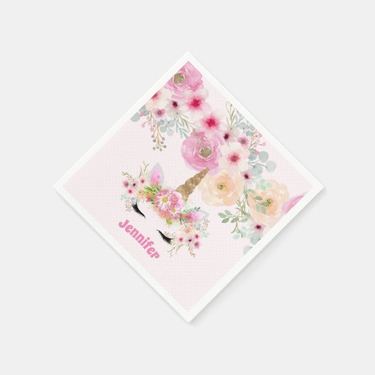 Roze Gouden Glitter Eenhoorn Gezicht Bloemen Meisj Servet (Hoek)