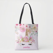 Roze Gouden Glitter Eenhoorn Gezicht Bloemen Meisj Tote Bag (Voorkant)