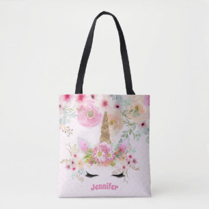 Roze Gouden Glitter Eenhoorn Gezicht Bloemen Meisj Tote Bag