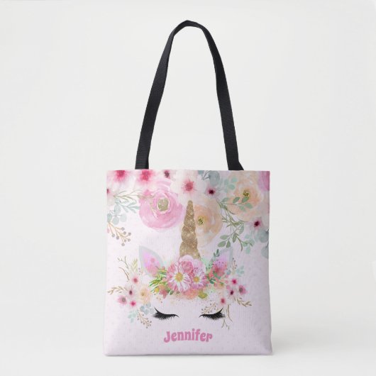 Roze Gouden Glitter Eenhoorn Gezicht Bloemen Meisj Tote Bag (Voorkant)