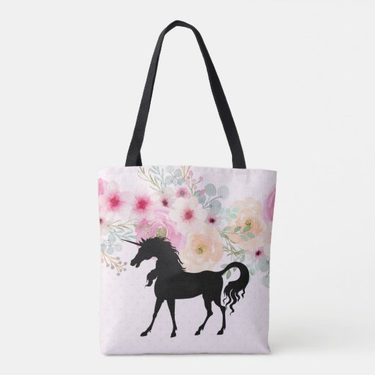 Roze Gouden Glitter Eenhoorn Gezicht Bloemen Meisj Tote Bag (Achterkant)