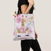 Roze Gouden Glitter Eenhoorn Gezicht Bloemen Meisj Tote Bag (Dichtbij)