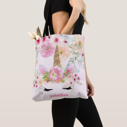 Roze Gouden Glitter Eenhoorn Gezicht Bloemen Meisj Tote Bag (Dichtbij)