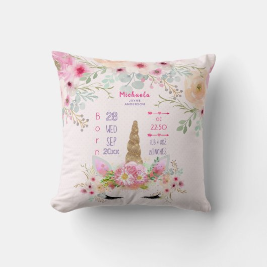 Roze Gouden Glitter Eenhoorn Gezicht Meisjes Baby  Kussen (Voorkant)